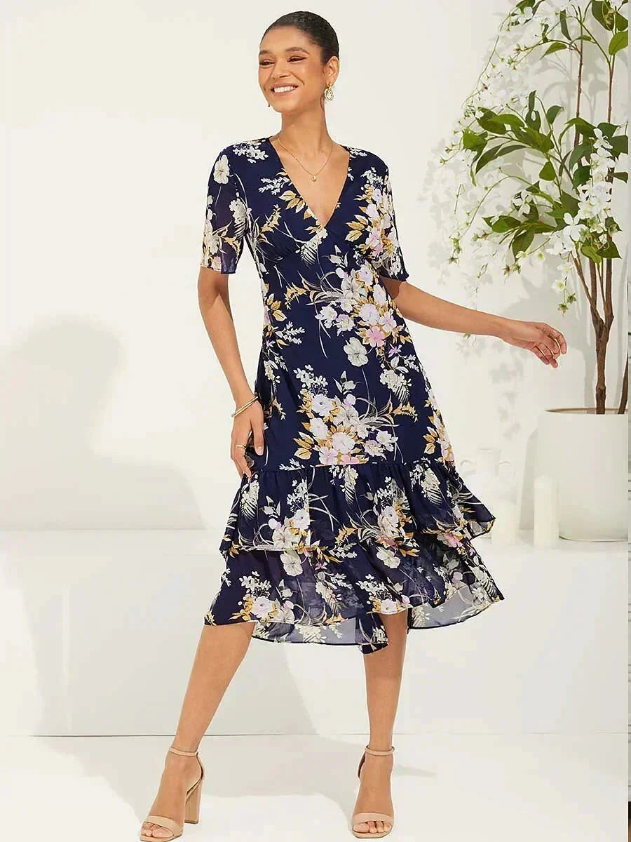 Floral Mid-Length Chiffon Dress with V-Neck and Zippers