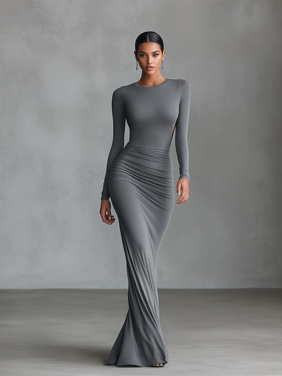 Elegant Gray Maxi Dresses for Women in Fitted Size - Polyester-Cotton Blend with Open Back MDA2860H8I