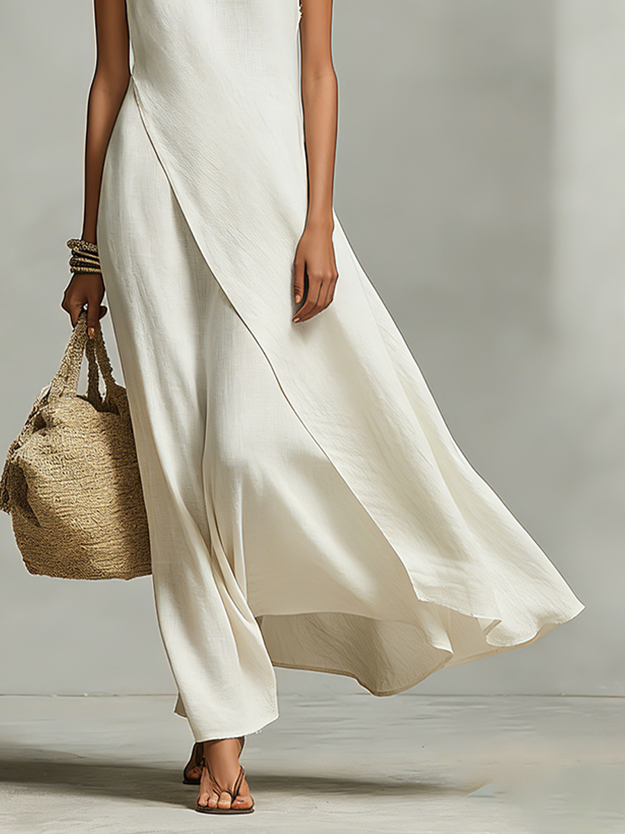 Women's Breathable Linen Dresses in Ivory with Sleeveless Details and Asymmetrical Hem, Modern Casual-Feminine Style Dress MDZ0408C2I
