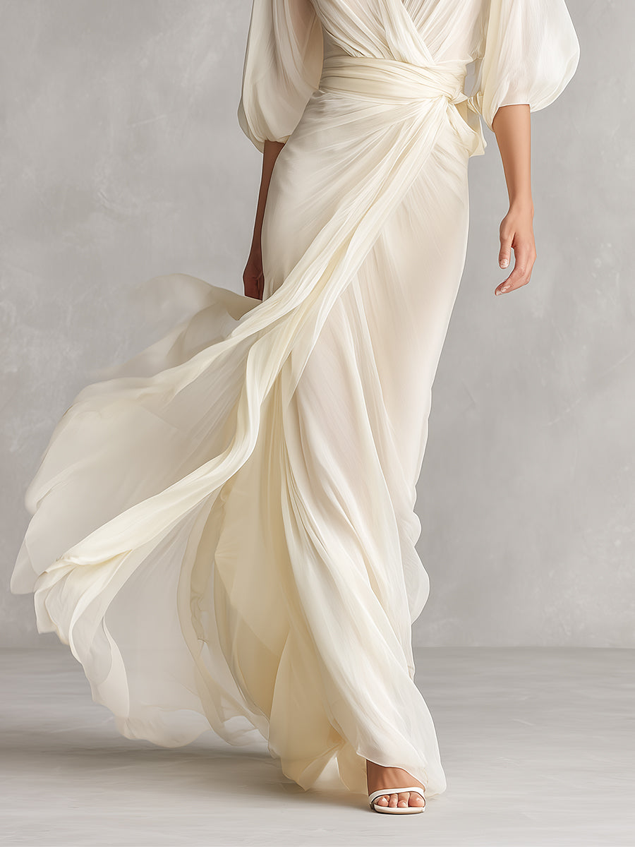 Ivory Sheer Chiffon Dresses for Women with Puff Sleeves and Wrap Details, Classic Romantic-Luxury Dress MDZ0932A1I
