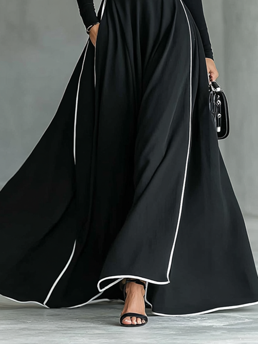 Black Maxi Dresses for Women with White Stitching, High Collar, Long Sleeves, Fitted Belt MDA1031G0Y