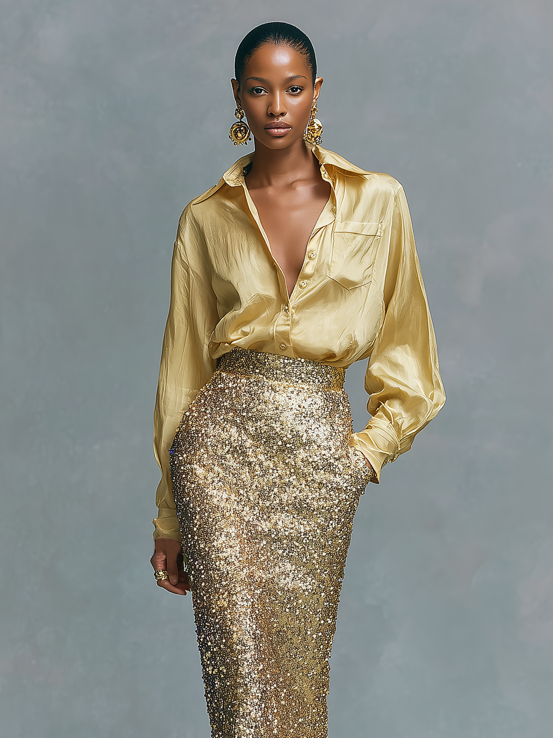 Women's Long Sleeve Top and Pencil Skirt Set with Sequins MDA2431K6Y