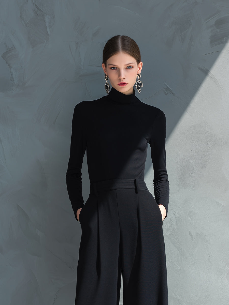 Classic Black Jersey Jumpsuit for Women with High Collar and Wide Legs - MDA2133J5I