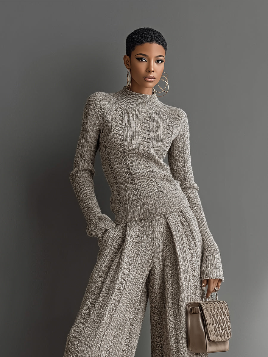 Elegant Textured Sweater Set in Top Color for Women with Wide Pants - MDA1453H6I
