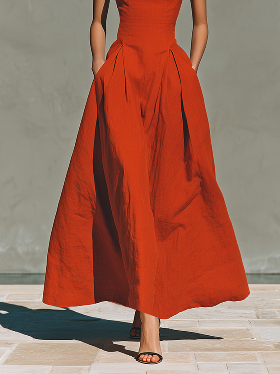 Red Women's Maxi Dresses Made of Linen with Halter Neckline and Pleated Skirt, Elegant and Inspiring Vacation Dress MDZ2016C7I