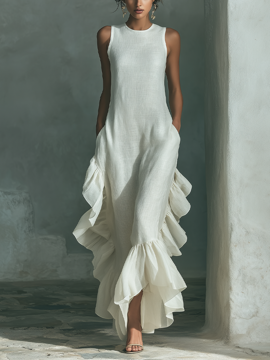 Sleeveless Maxi Dress in Ivory Linen with Round Neck and Fringes MDZ0973B9T