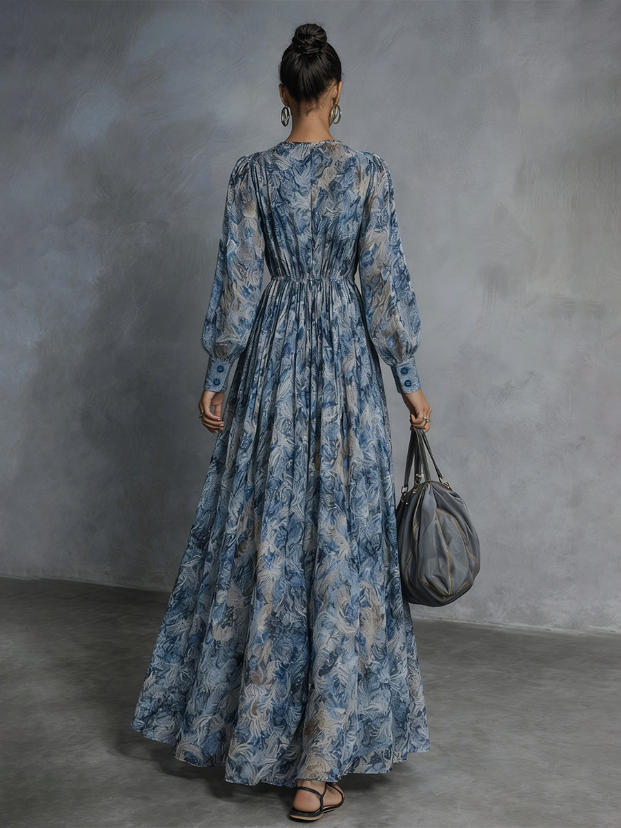 Blue Floral Print Bohemian Style Chiffon Maxi Dresses for Women with Lantern Sleeves MDZ1067B8BA