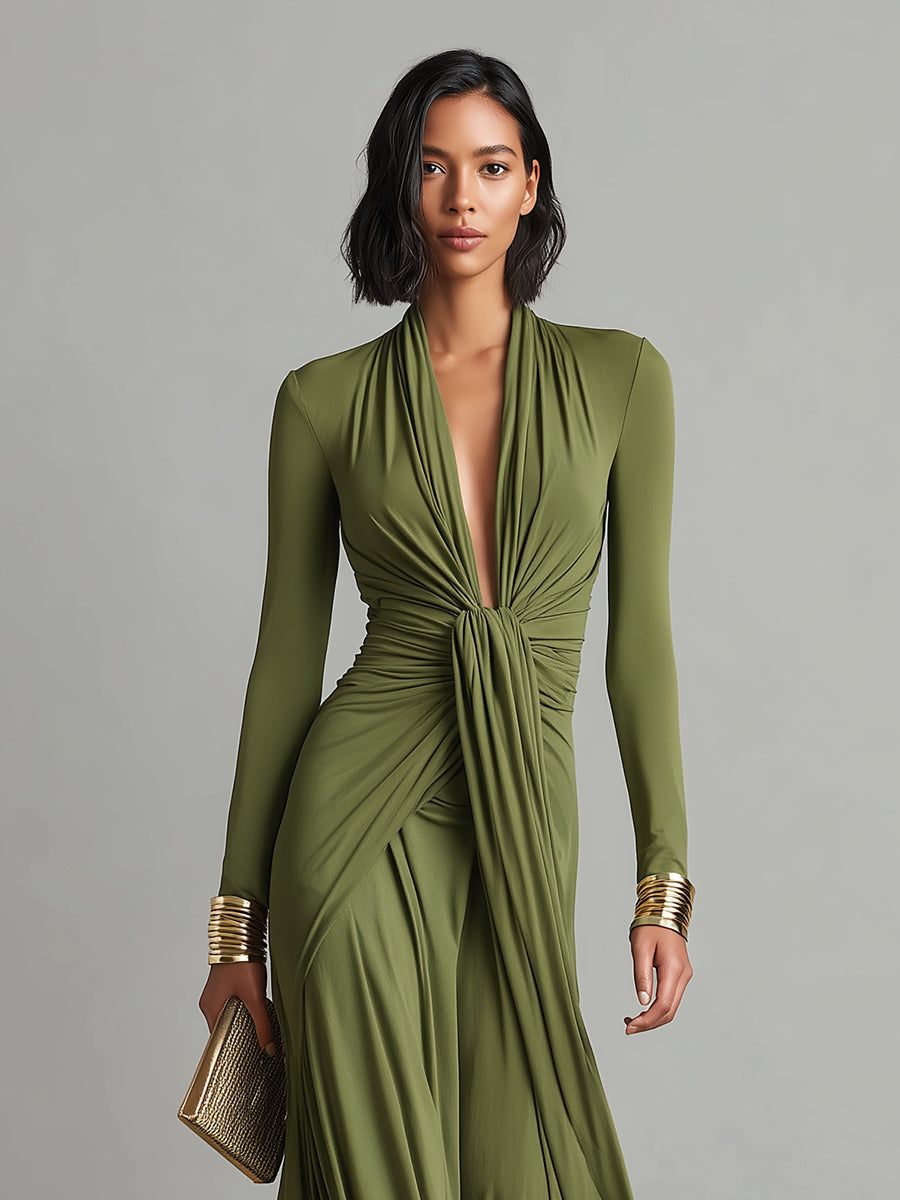 Olive Silk Women's Dress with a Fitted Cut, Deep V Neckline, and Crinkled Details, Shimmering Maxi Dress MDA0509L8I
