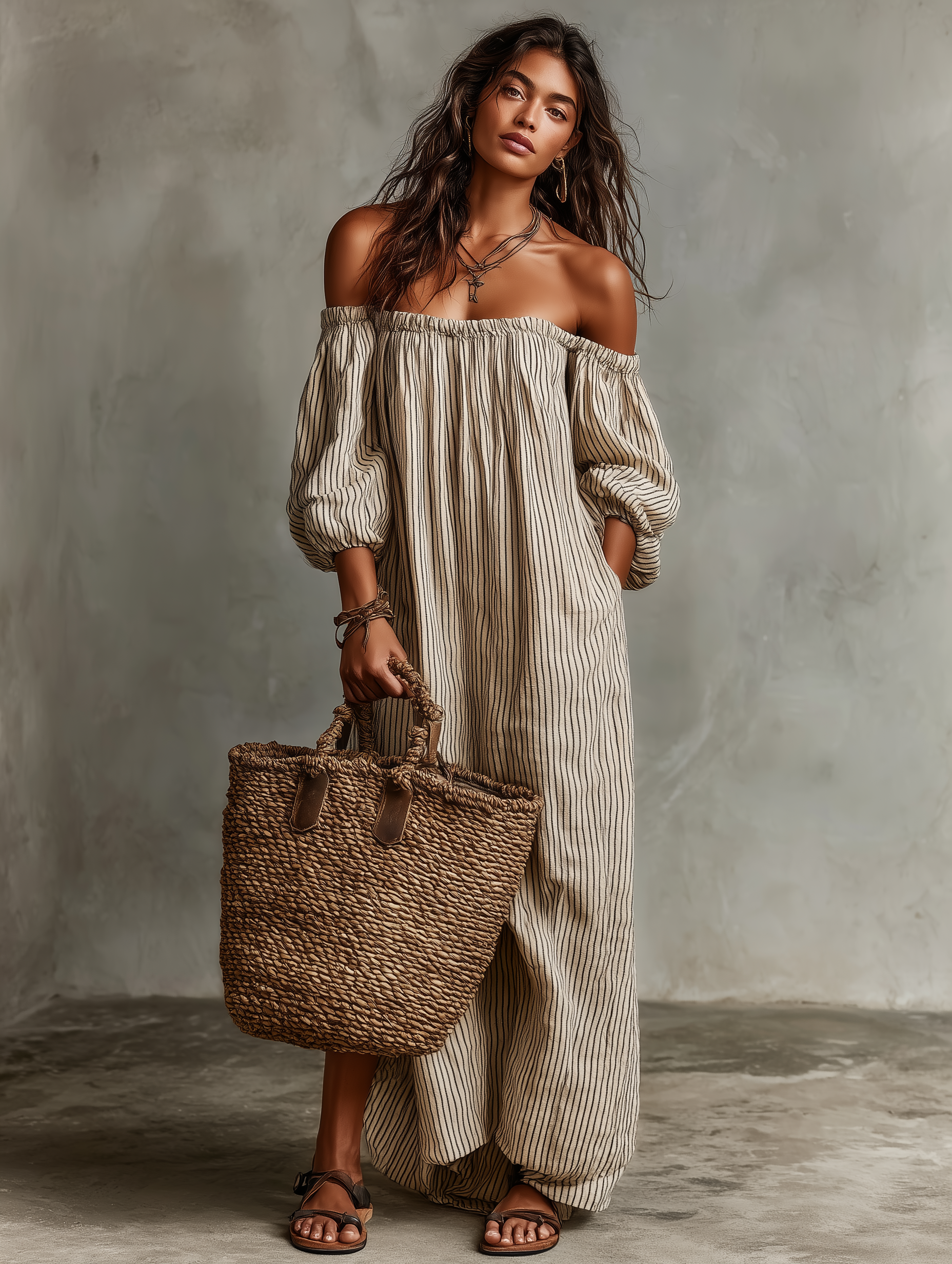 Kerman | Long Dress Made of Cotton and Linen with Off-Shoulder Design