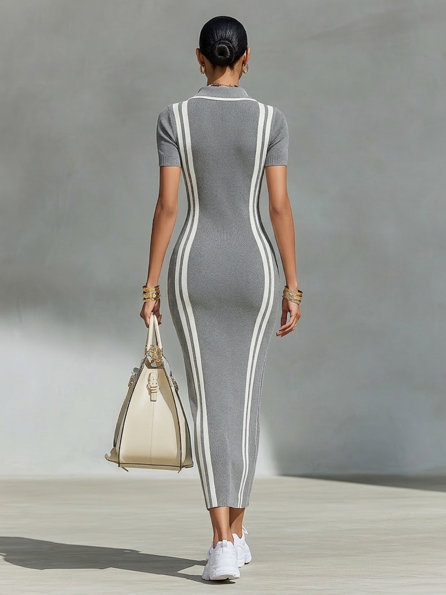 Gray Women's Maxi Dress with Polo Collar, Zipper, and Vertical Side Straps, Elegant Sporty Pencil Dress MDZ2497F8LYL