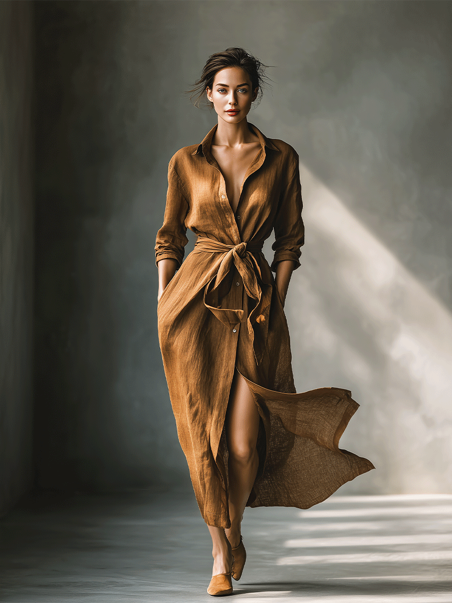 Vintage Brown Maxi Shirt Dresses for Women MDA2898G6I