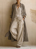 Three-Piece Set: Long Cardigan Made of Linen and Cotton with Sleeveless Top and Pants