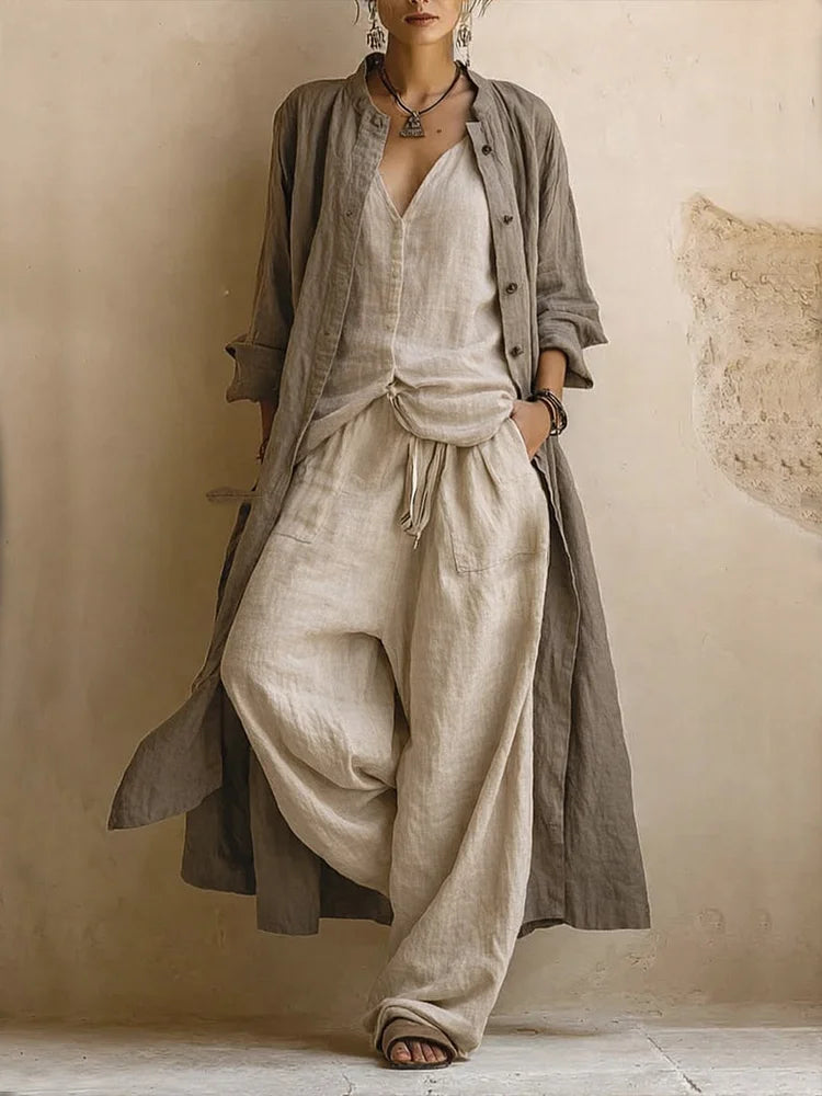 Three-Piece Set: Long Cardigan Made of Linen and Cotton with Sleeveless Top and Pants