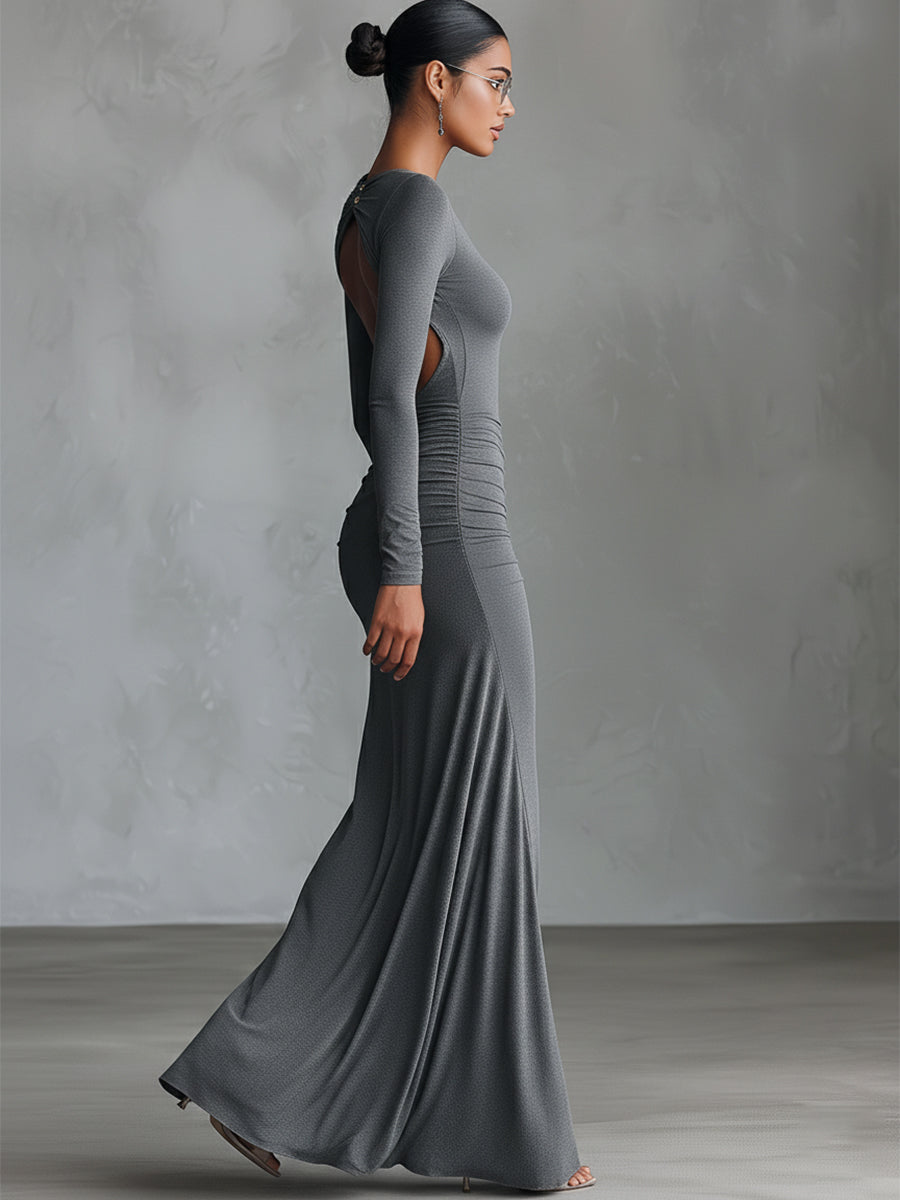 Elegant Gray Maxi Dresses for Women in Fitted Size - Polyester-Cotton Blend with Open Back MDA2860H8I
