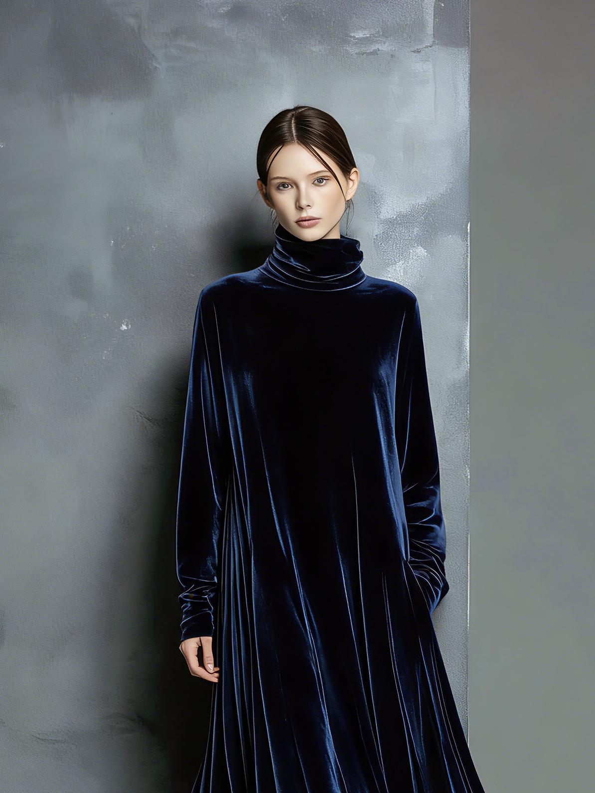 Long Maxi Dress for Women in Elegant Style in Navy Blue with High Wide Collar MDZ1680A8AN
