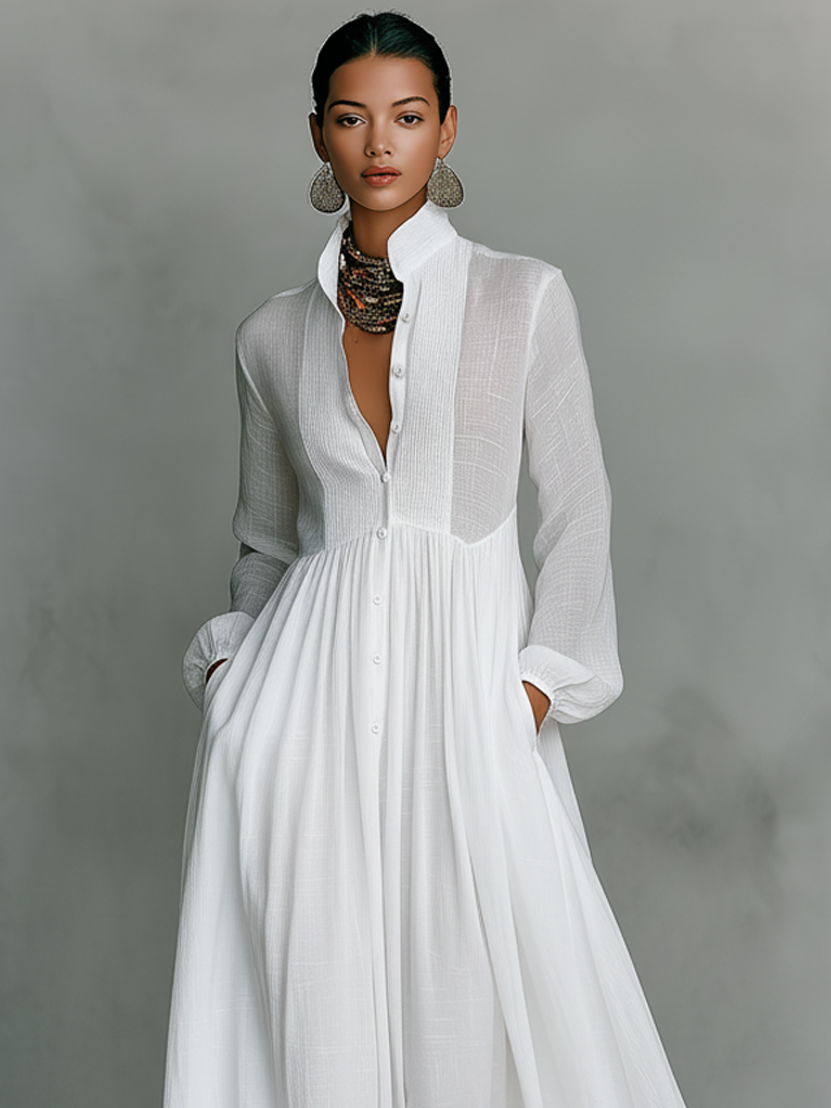 Women's Maxi Dress in Minimalist Style Made of Cotton and Linen with Puzzle Pieces, Featuring a Sturdy Collar and Long Sleeves