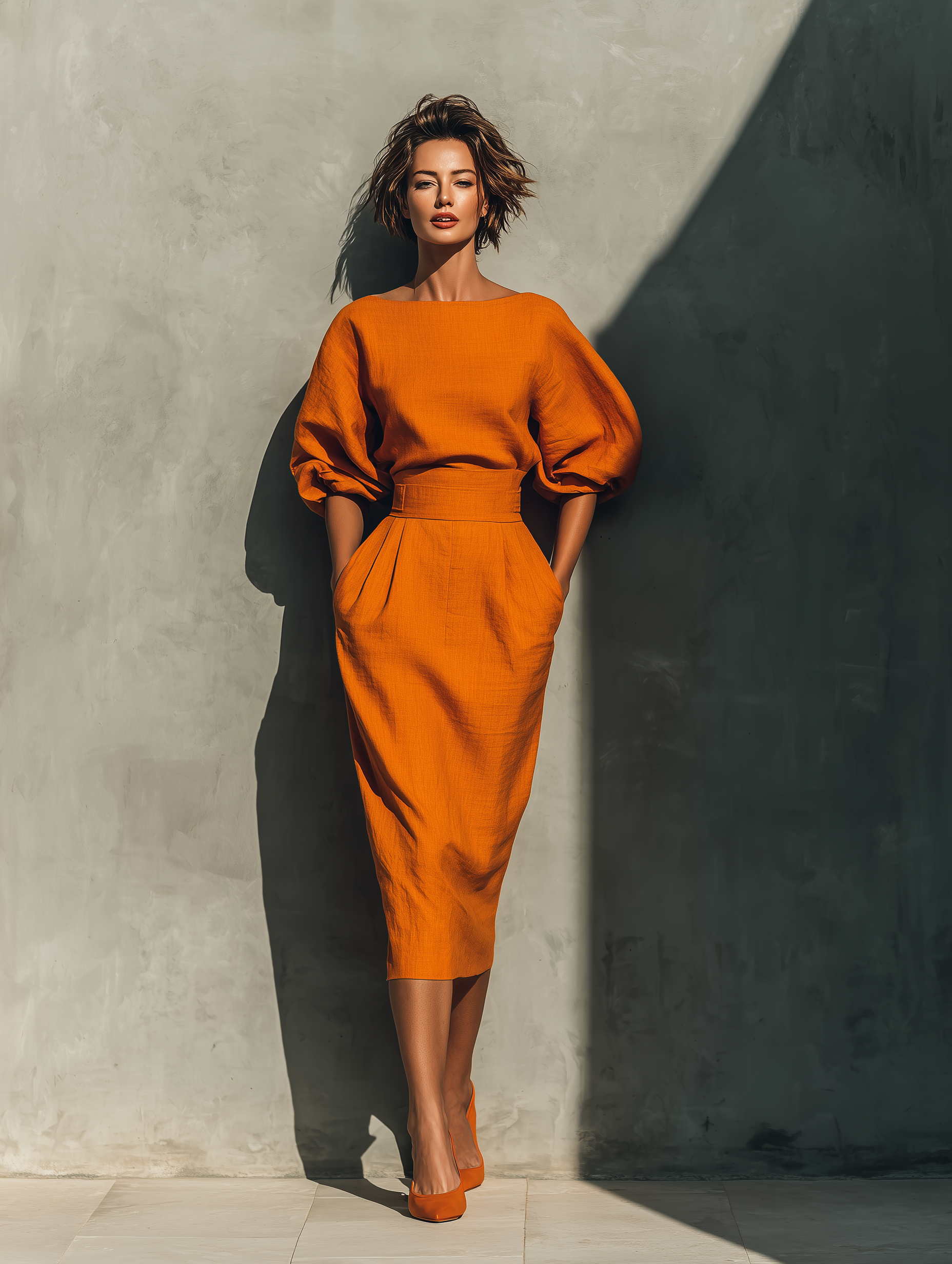 Medium Sleeve Top Set with Midi Skirt for Women in Orange