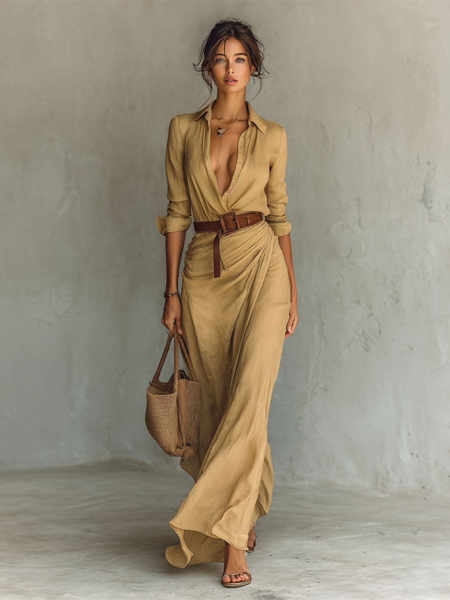 Long Maxi Dresses with Collar and Included Belt