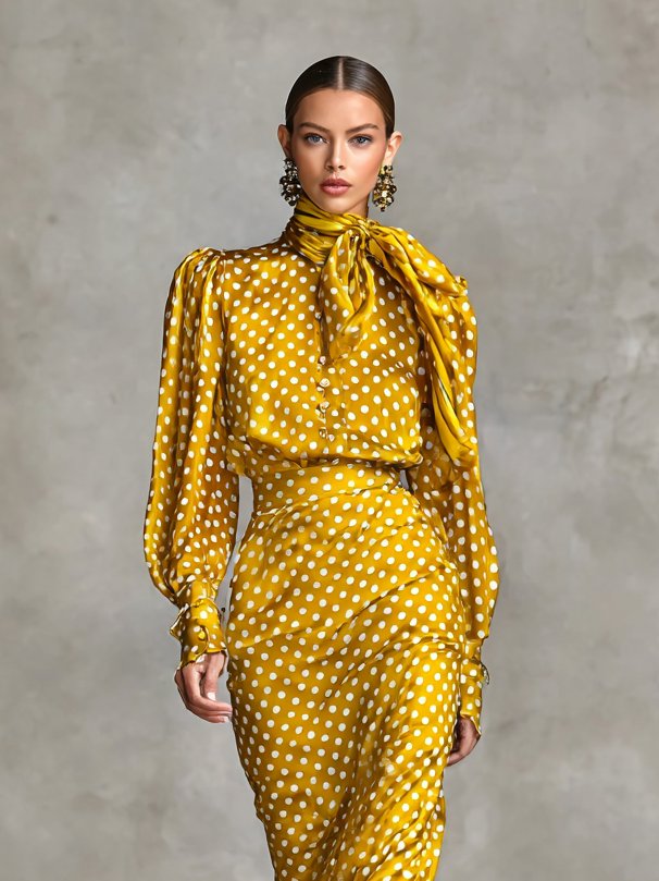 Vintage Silk Top and Skirt Set with Polka Dot Print for Women (Scarf Not Included) MDA3073G0Y