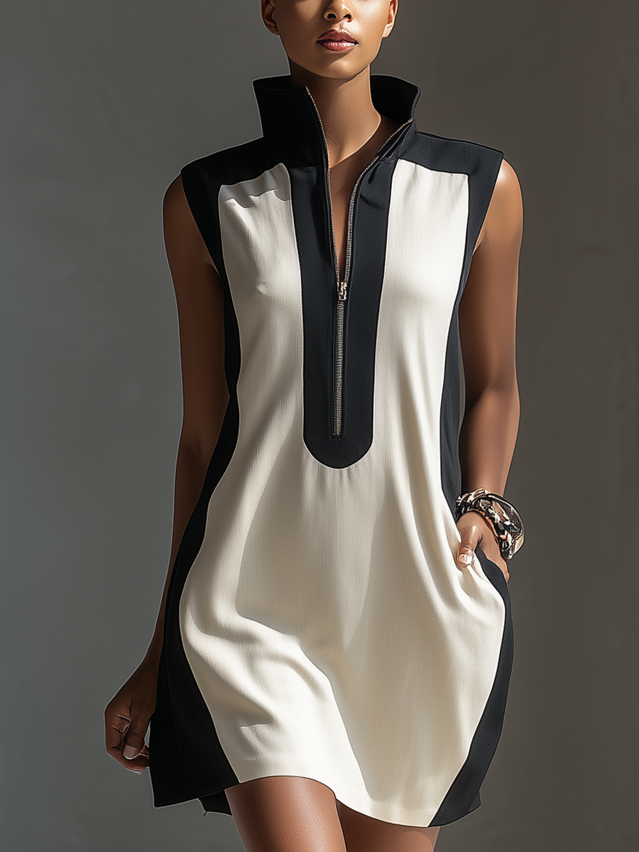 Colorful Mini Dress in Black and White for Women with Stand Collar and Half Zipper MDZ1152B0T