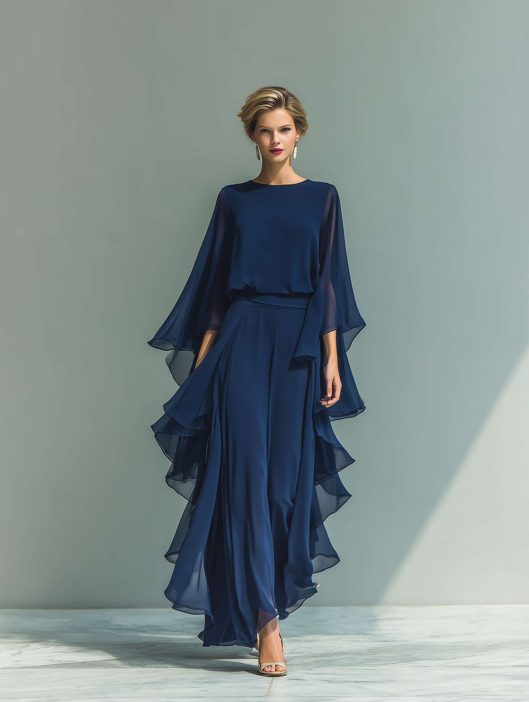 Navy Blue Chiffon Women's Top with Flared Sleeves and Straight Pants with Pleated Details MDZ2218A5T