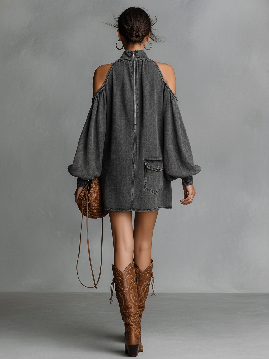 Women's Mini Denim Dress with Exposed Shoulders MDA1791L3Y