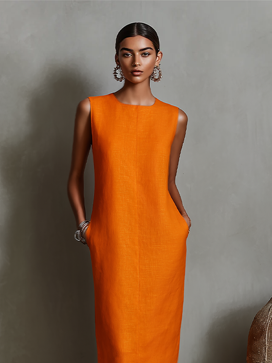 Orange Linen Dress for Women with Round Neck, Sleeveless, and Side Pockets, Timeless Minimalist-Elegant Style MDZ2851C7I