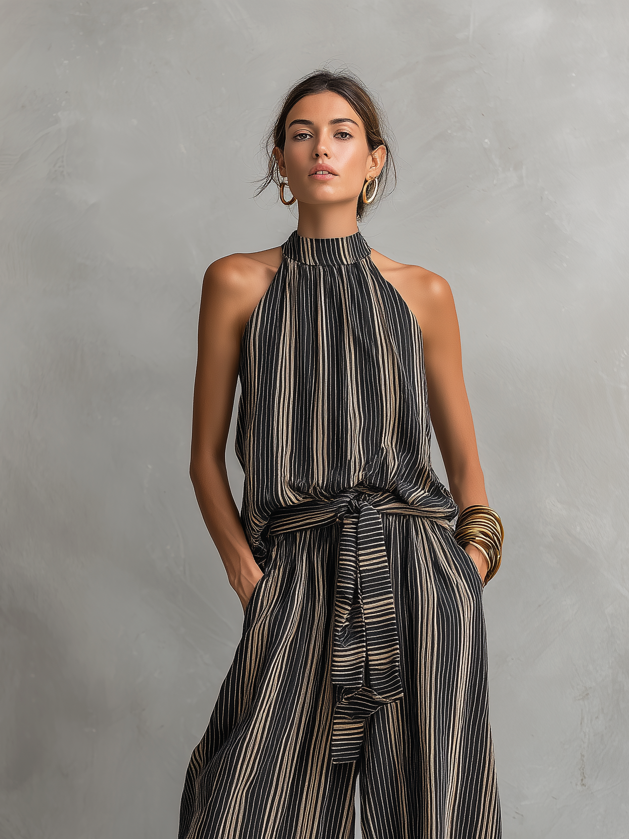 Elegant Women's Shirt with Striped Print, Round Neck, Sleeveless, Paired with Pants MDZ2706B5AN