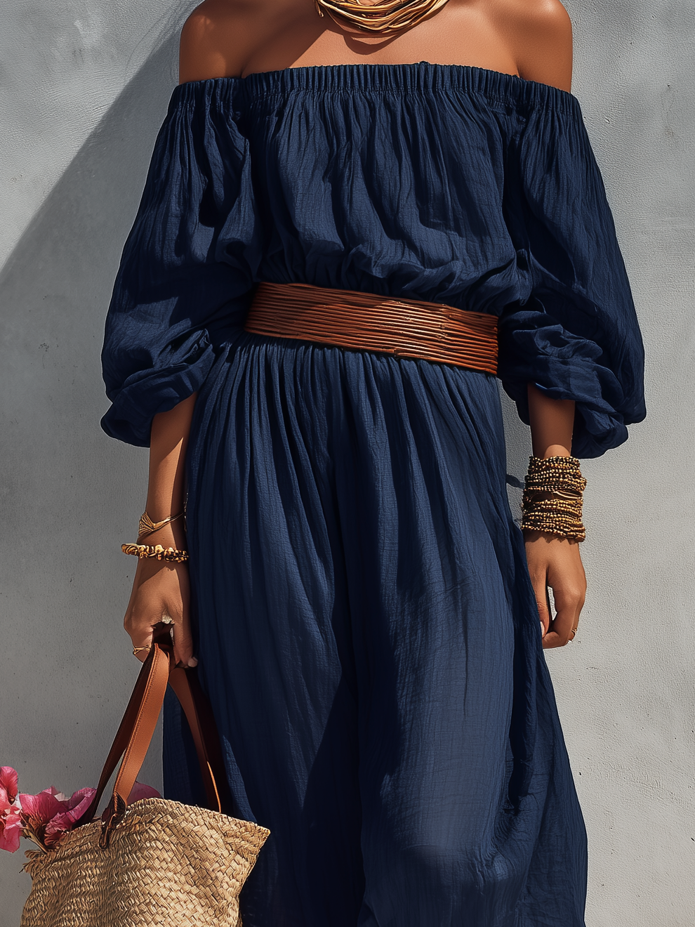 Women's Summer Dress in Dark Blue Made of Cotton and Linen, Strapless with Long Sleeves (Belt Not Included) MDZ1281C1AN