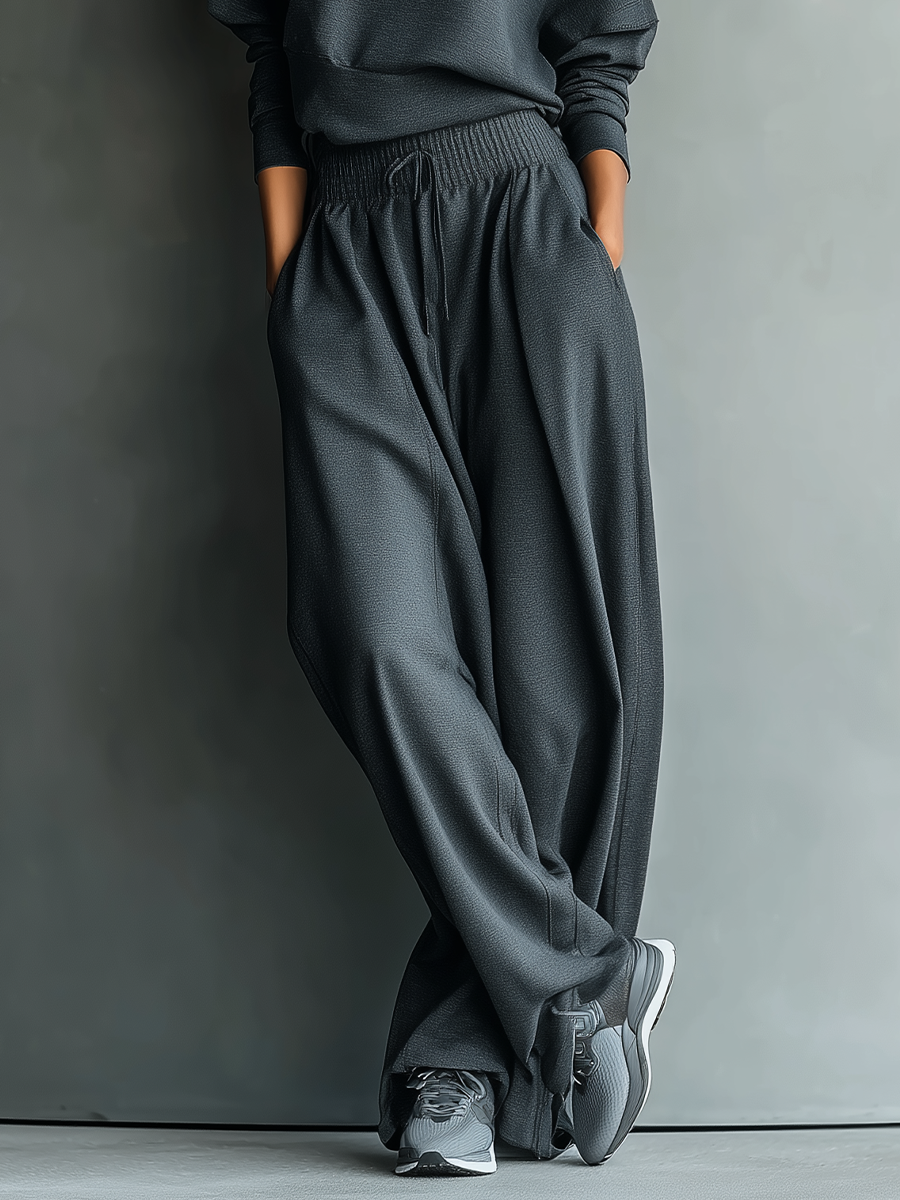 Large Top Set with Turtleneck and Wide Pants for Women in Anthracite Knit Fabric MDA2435L7T