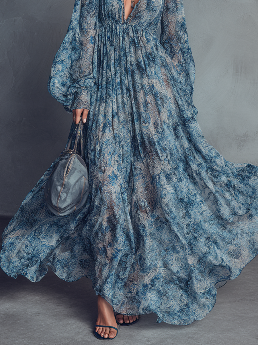 Blue Floral Print Bohemian Style Chiffon Maxi Dresses for Women with Lantern Sleeves MDZ1067B8BA