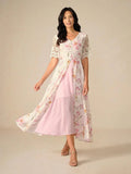 A-Line Floral Chiffon Dress with Lace Sleeve