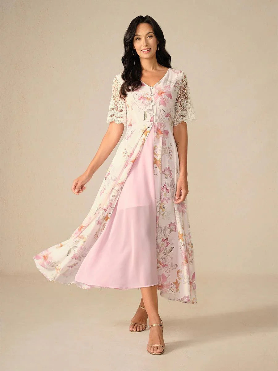 A-Line Floral Chiffon Dress with Lace Sleeve