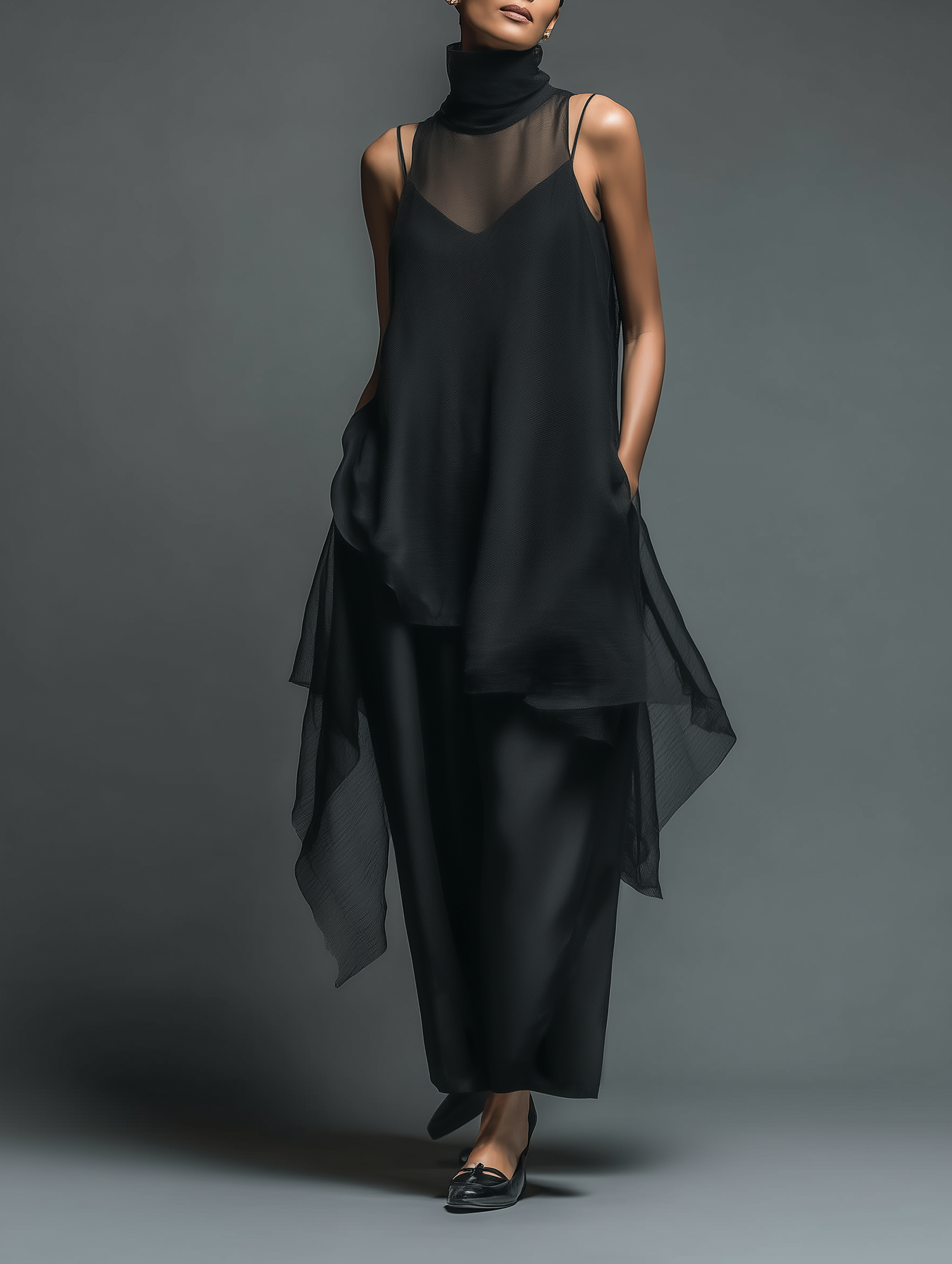Minimalist Slip Dresses for Women in Acetate Blend with Maxi Dress and Chiffon Layer MDZ2702A3Y