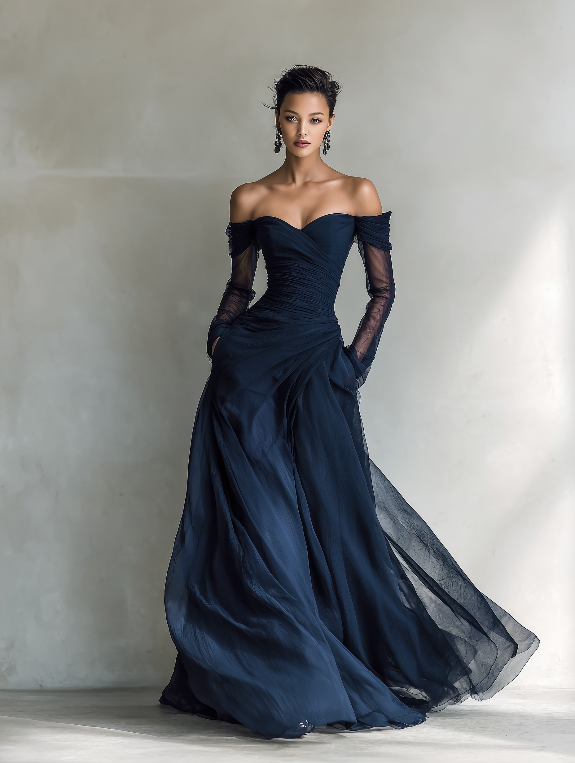 Maxi Dresses for Women in Dark Blue, Made of Organza Silk, with Long Sleeves and Off-the-Shoulder MDA1711L9AN