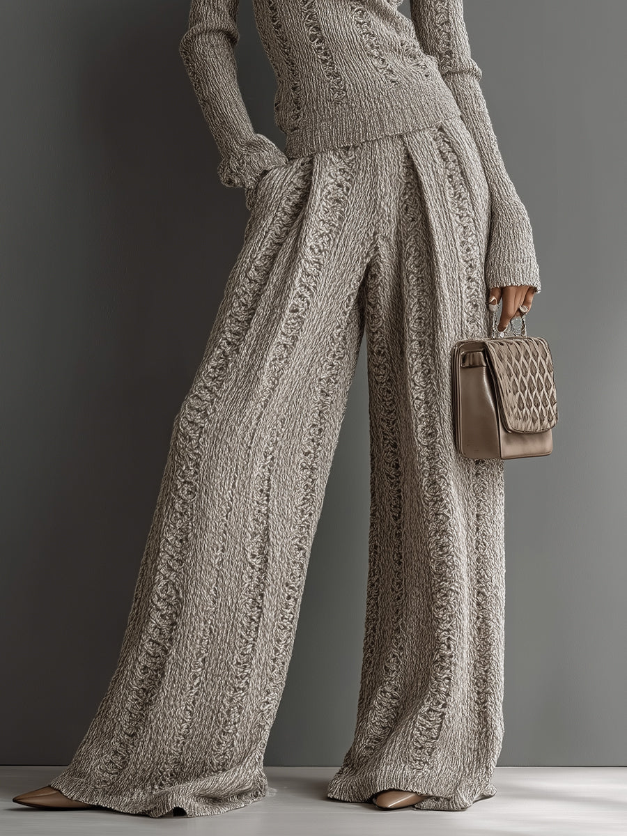 Elegant Textured Sweater Set in Top Color for Women with Wide Pants - MDA1453H6I