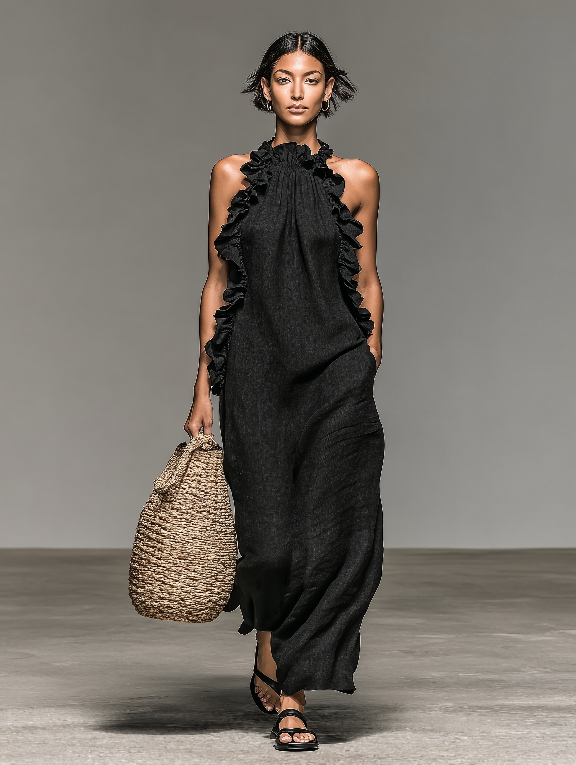 Sleeveless Maxi Dresses Made of Minimalist Linen Fabric with Ruffle Details