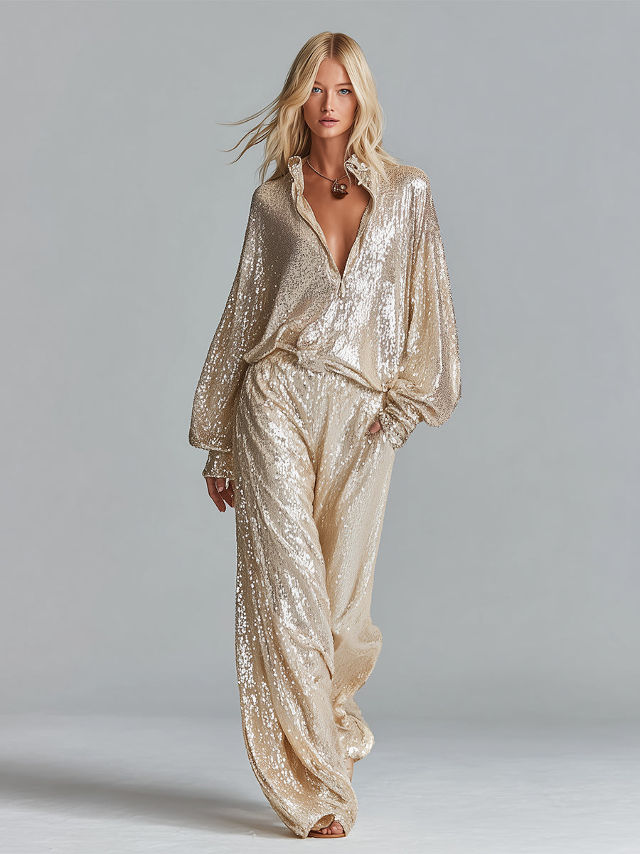 Women's Lingerie Party Set with Collar and Shiny Gold Sequins - Half Zipper and Wide Leg MDA2425I0I
