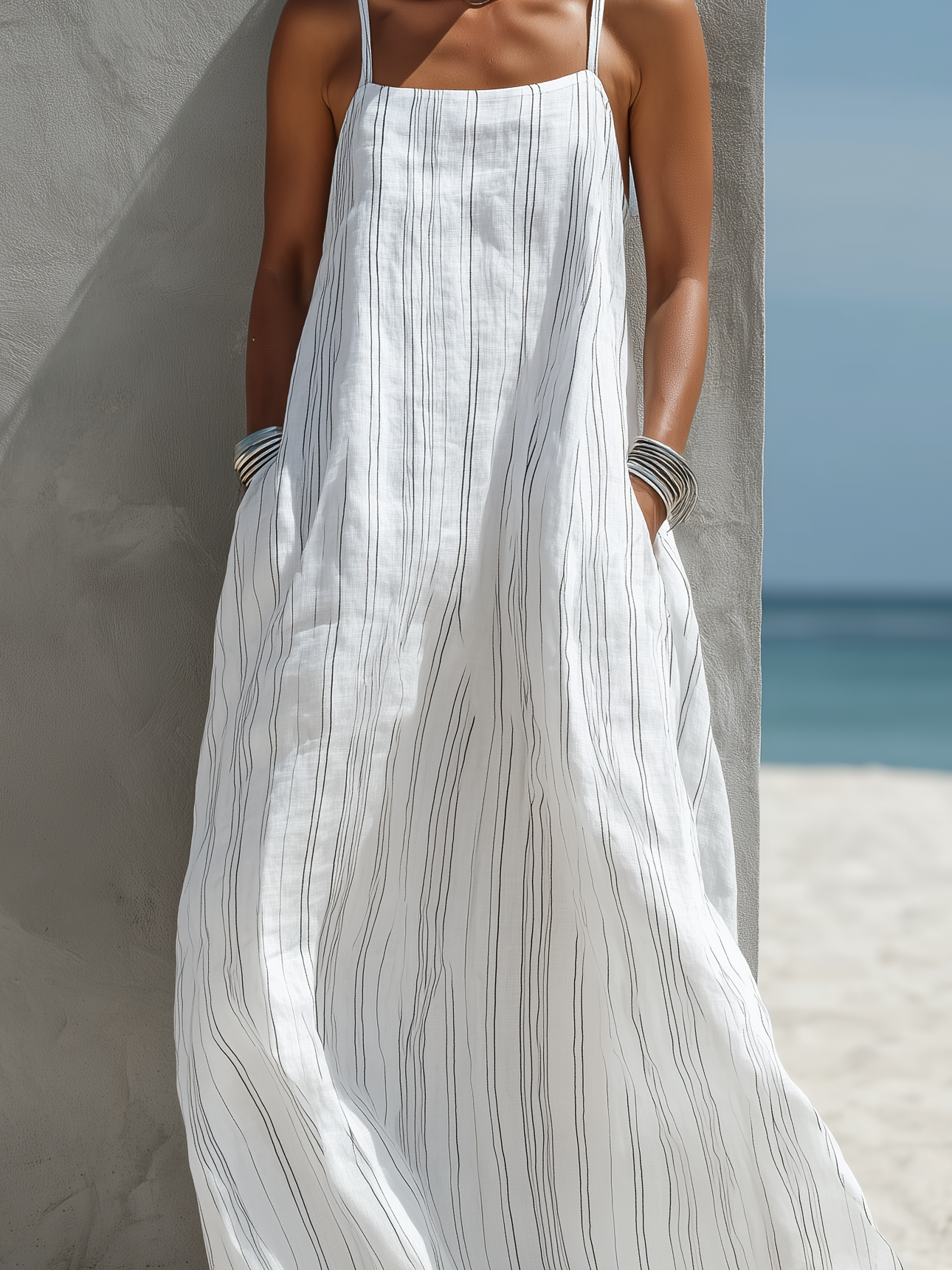 Long Dresses for Women with Vertical Stripes, White, Light and Flowing MDZ0324C9AN