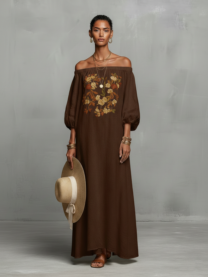 Embroidered Maxi Dress for Women in a Minimalist Look with Three-Quarter Sleeves and Off-the-Shoulder MDZ3063A3Y