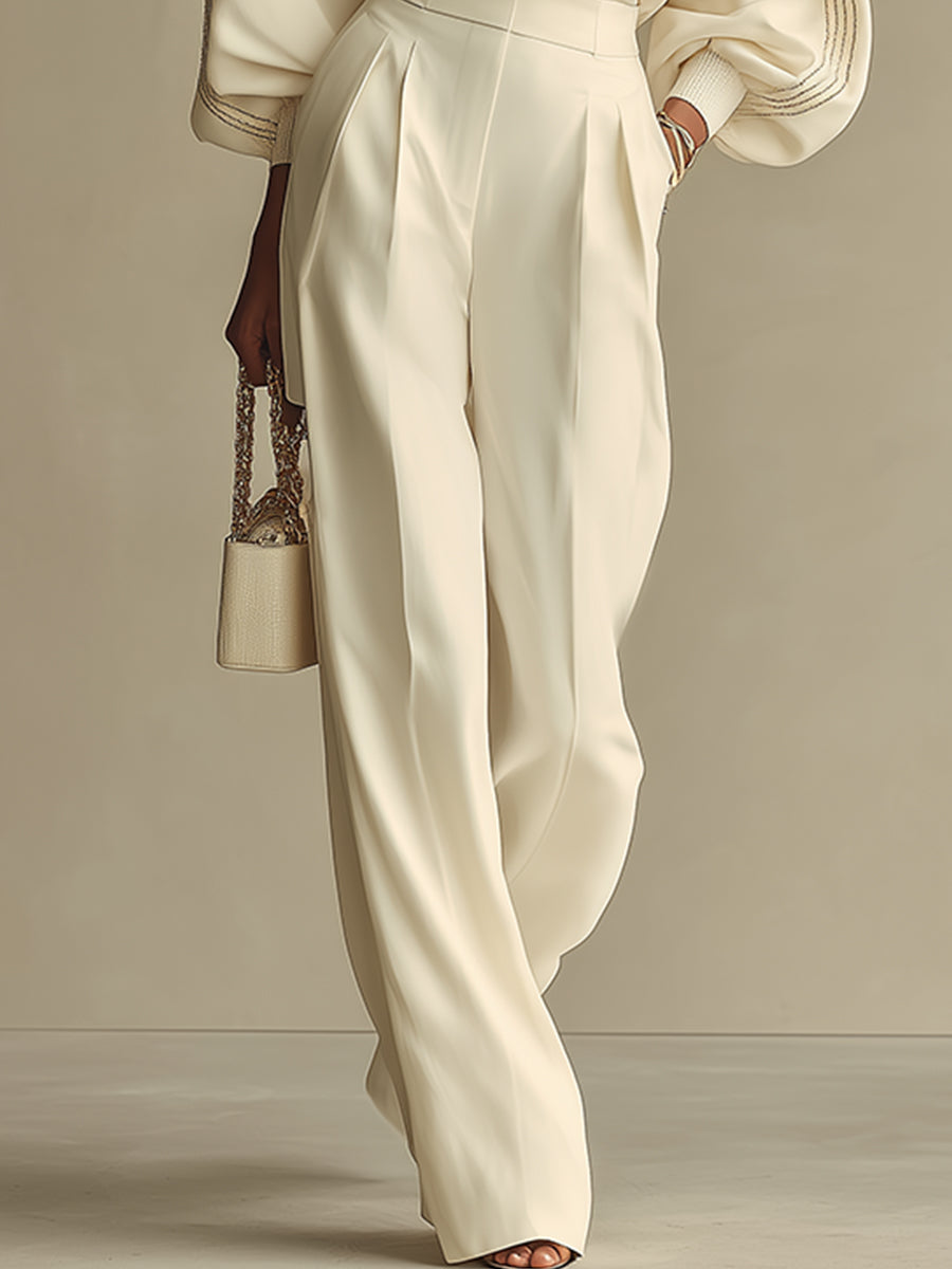 Textured Ivory Set for Women with Crinkled Round Neckline and High-Waisted Pants, Modern and Refined Set MDA2231L6I