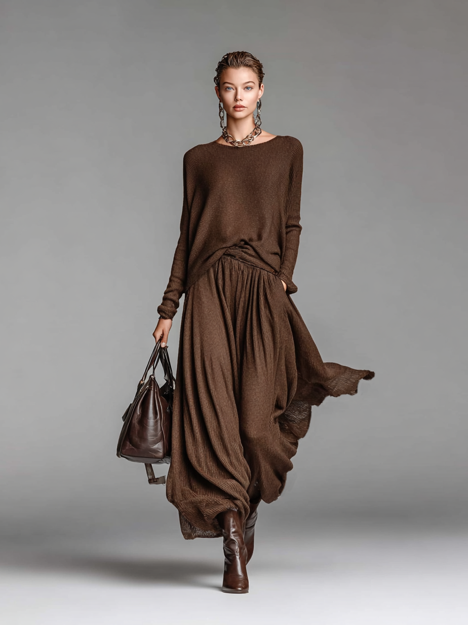 Women's Skirt and Sweater Set with Round Neck MDA0737H3Y