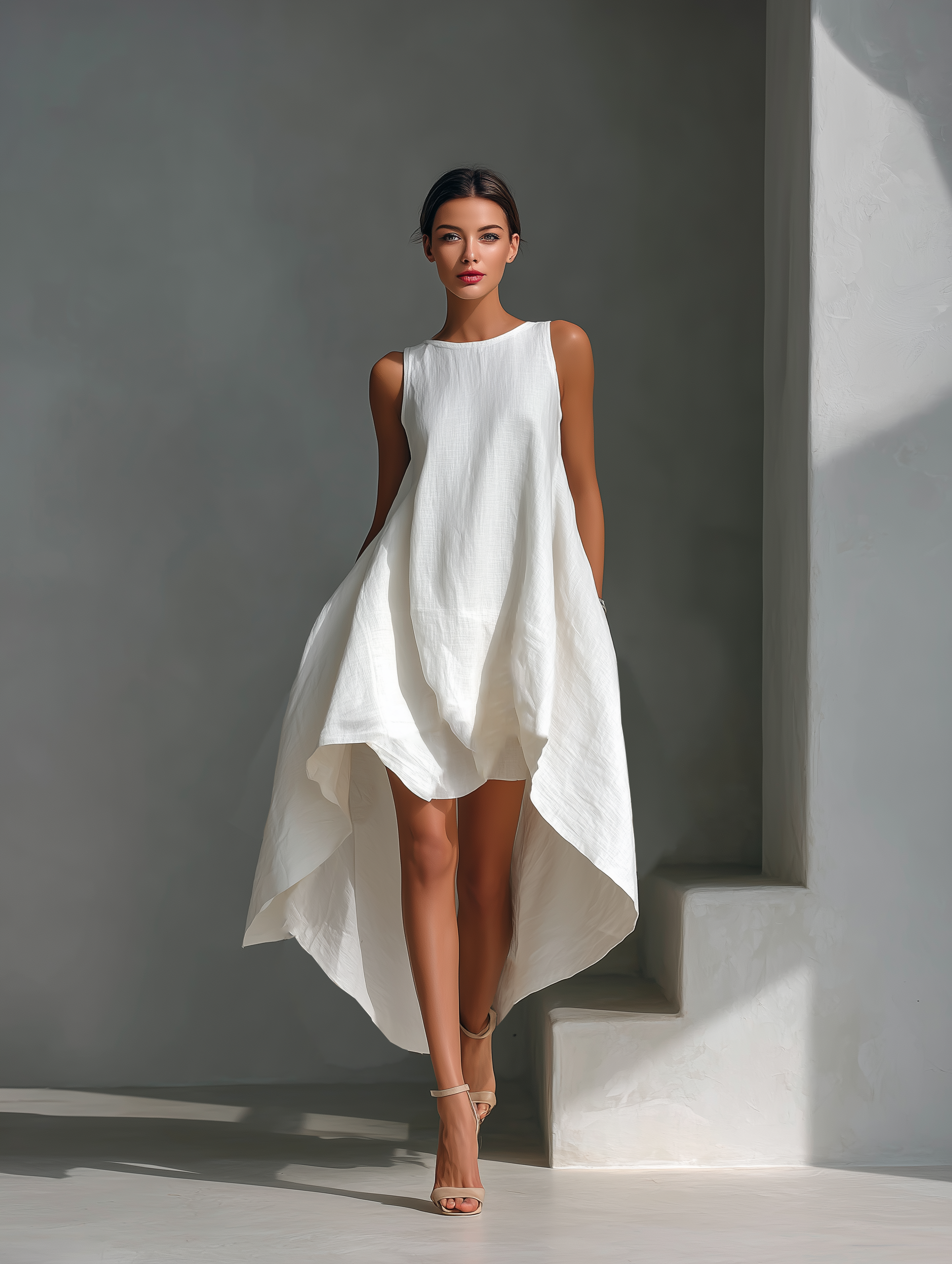 White Linen Sleeveless Midi Dresses for Women with Round Neck and Asymmetrical Skirt MDZ0987B9T