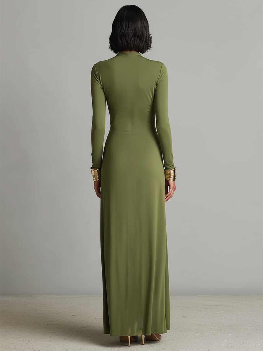 Olive Silk Women's Dress with a Fitted Cut, Deep V Neckline, and Crinkled Details, Shimmering Maxi Dress MDA0509L8I