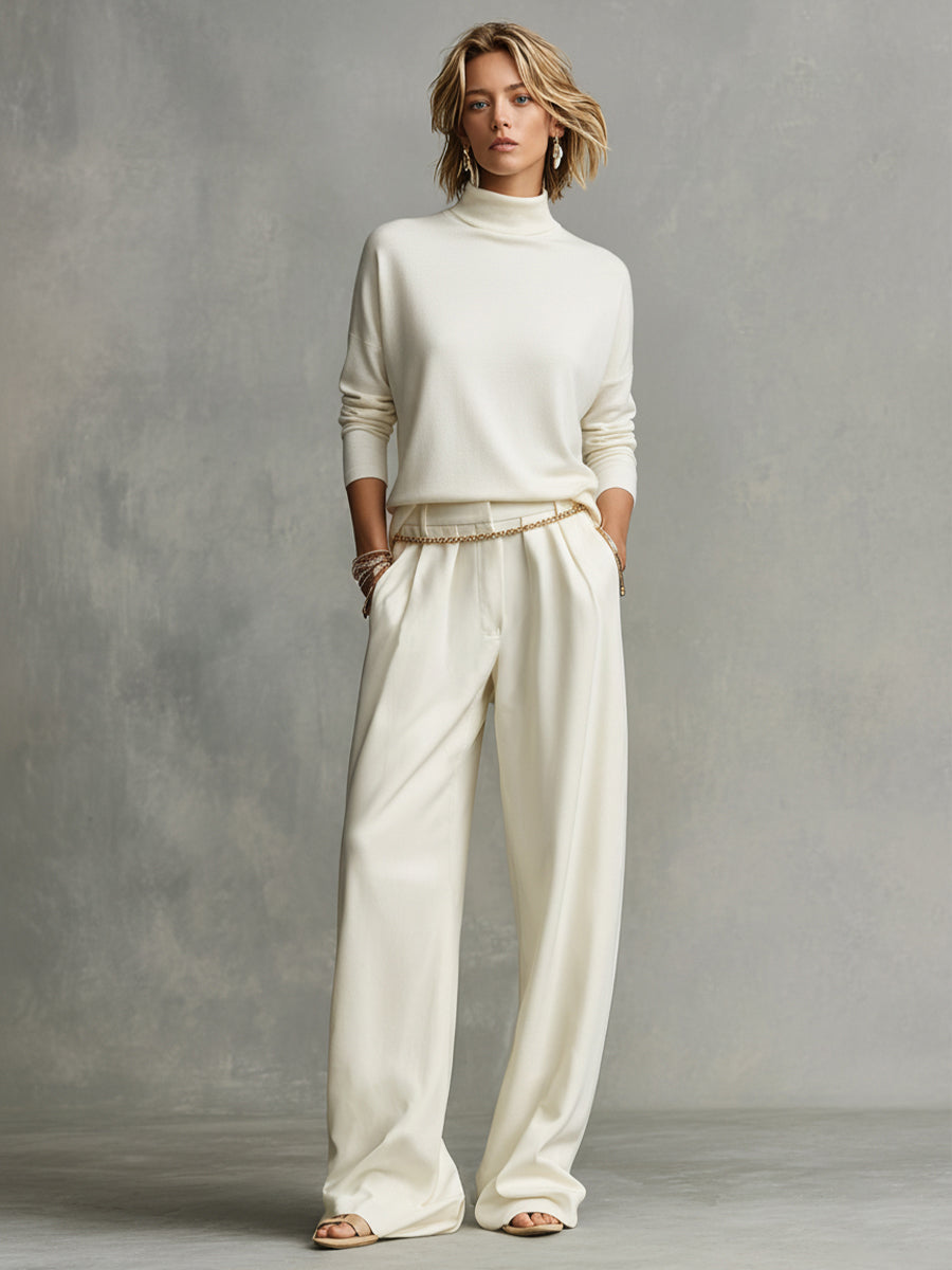 Women's Turtleneck Top in Cream Color with Wide and Spacious Pants MDA0185K5I