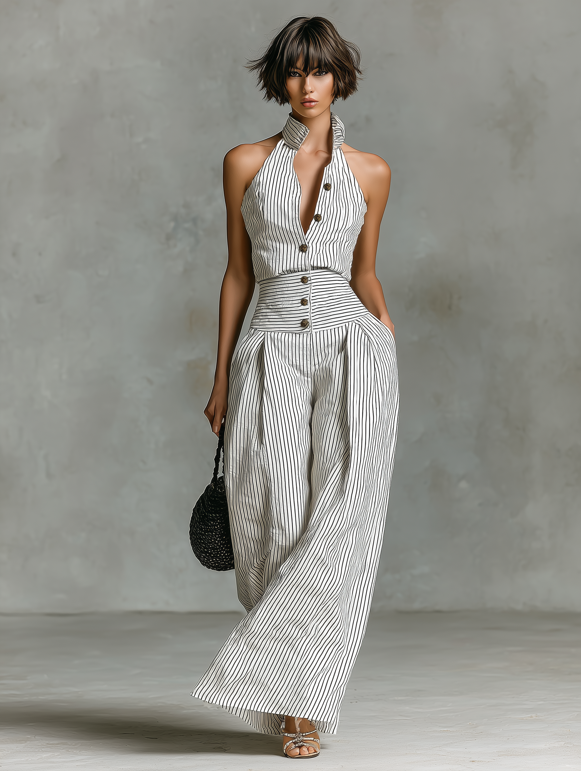 Minimalist Women's Suit with Stripes Made of Linen Fabric, Sleeveless with One Button Closure MDZ1950C7Y