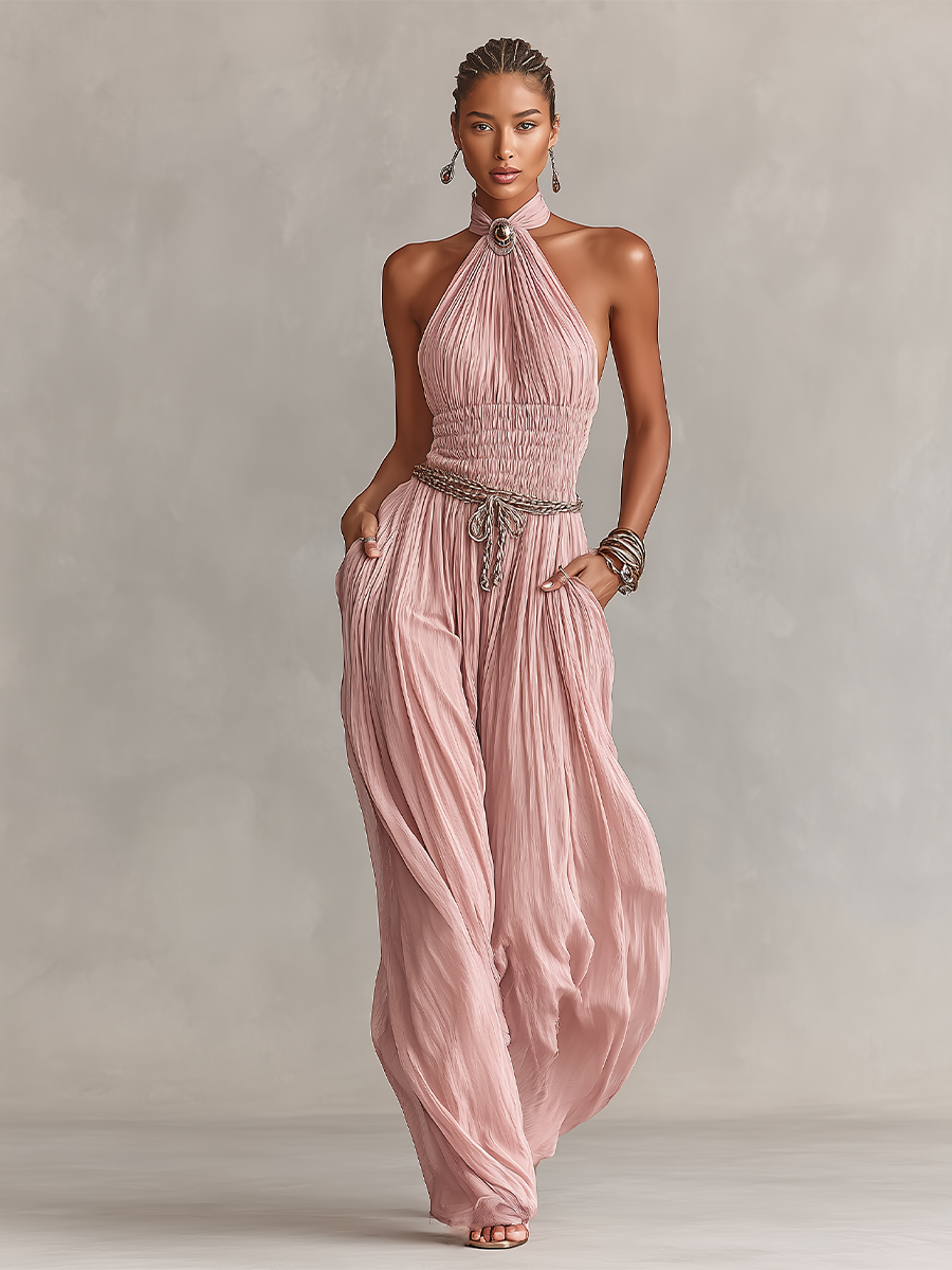 Women's bodysuit in blush color with a choker collar and wrinkled waist, timeless romantic-elegant style (without belt) MDZ1133B7I