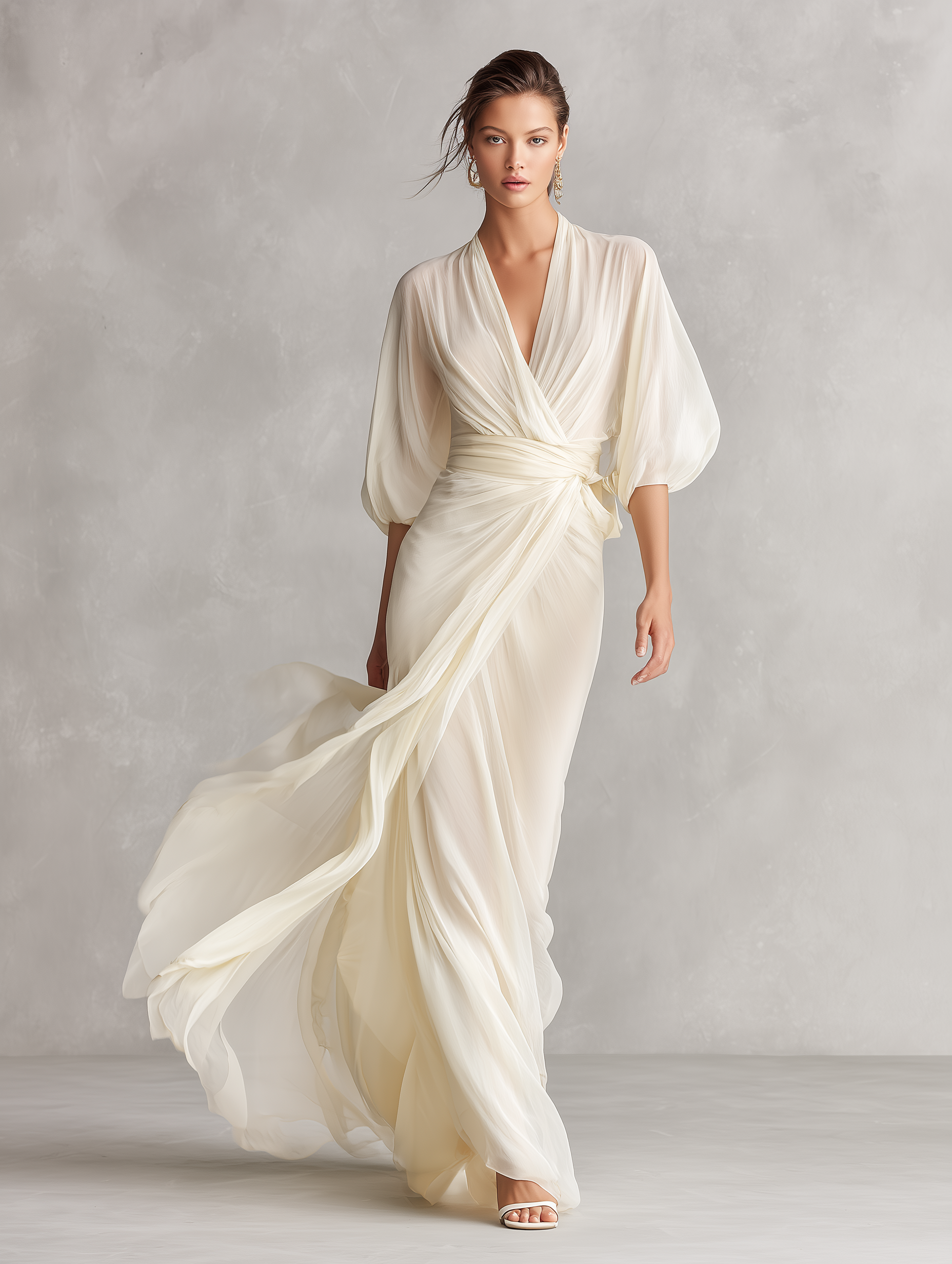 Ivory Sheer Chiffon Dresses for Women with Puff Sleeves and Wrap Details, Classic Romantic-Luxury Dress MDZ0932A1I