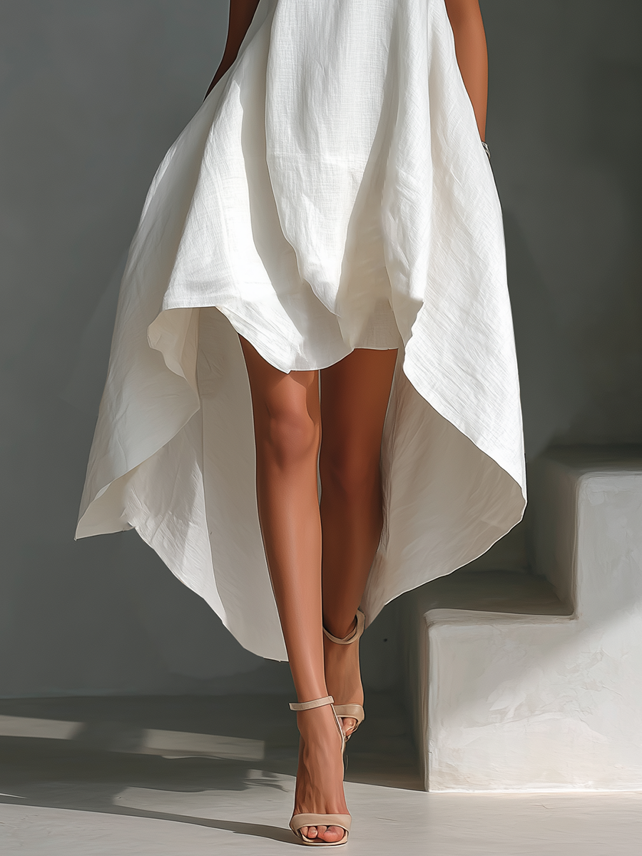 White Linen Sleeveless Midi Dresses for Women with Round Neck and Asymmetrical Skirt MDZ0987B9T