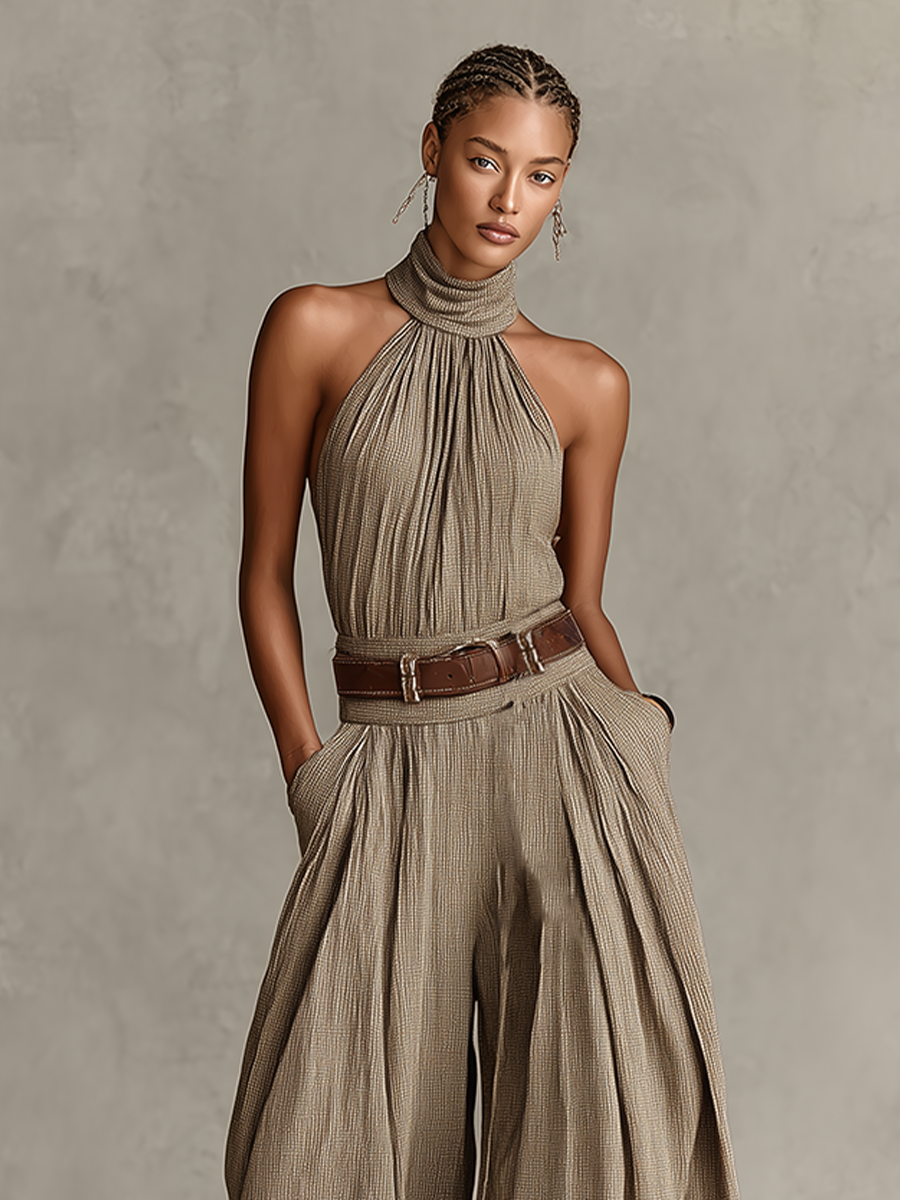 Women's Jumpsuit in Top Color with Cotton Blend, Halter Neckline and Wide Leg Silhouette, Timeless Boho-Elegant Style (No Belt) MDZ0940C3I
